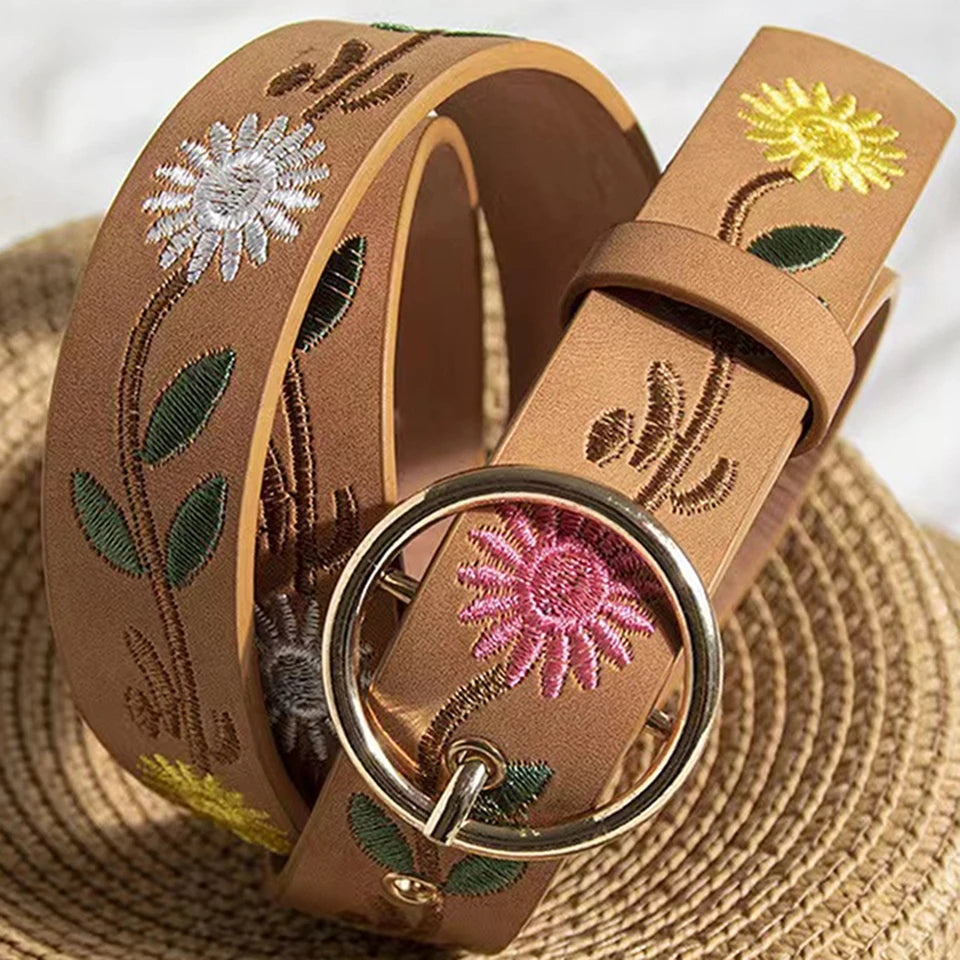 Garden Flowers Embroided Belt / Tan - Mama & Ivy